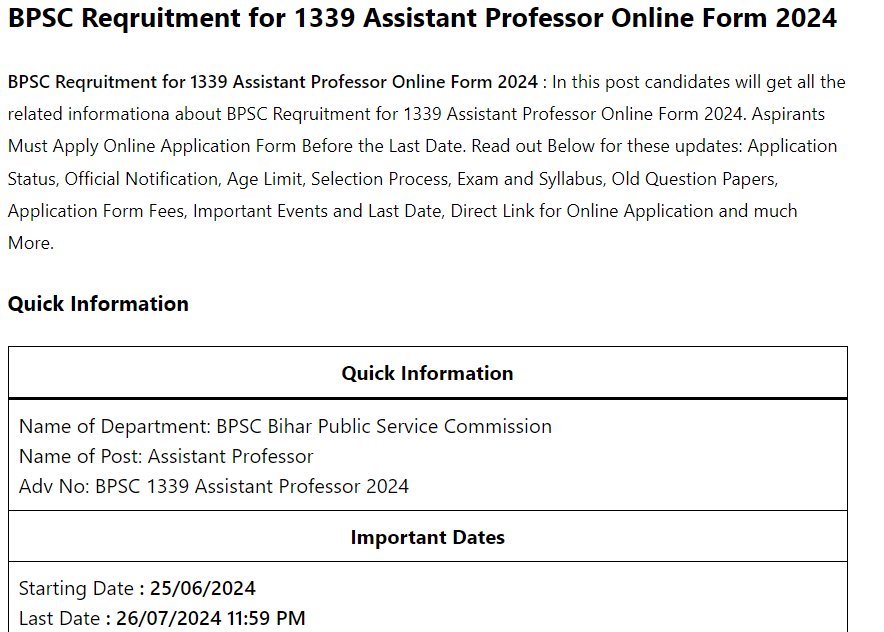 BPSC Reqruitment for 1339 Assistant Professor Online Form 2024