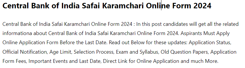 Central Bank of India Safai Karamchari Online Form 2024